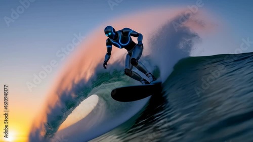 Robotic Surfer Riding a Wave at Sunset