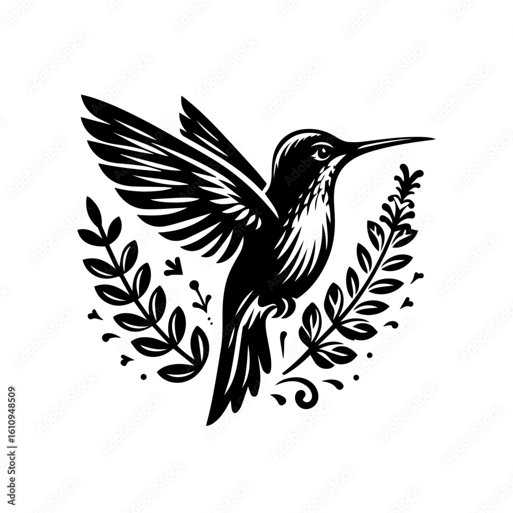 Obraz premium A hummingbird in flight surrounded by leaves