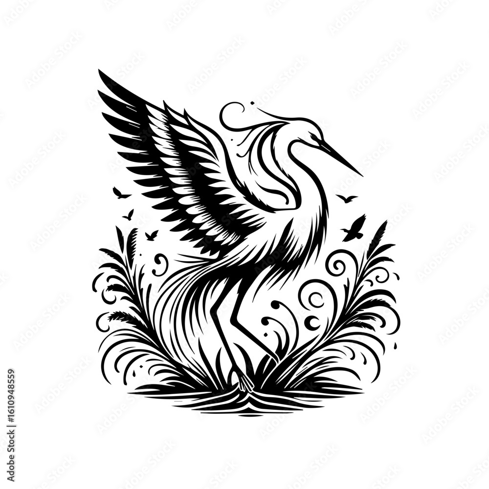 Obraz premium A graceful crane stands amidst lush foliage with wings outstretched