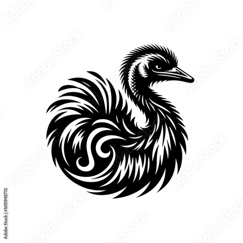 A stylized emu chick with swirling feather details