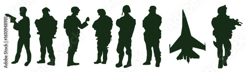 set of diverse soldier action and stance silhouettes ideal for military vector packs, game asset libraries, tactical design elements, and combat-themed graphic resources
