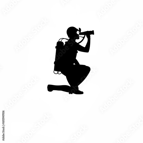 Silhouette of marine biologist examining plankton through portable scope on white background