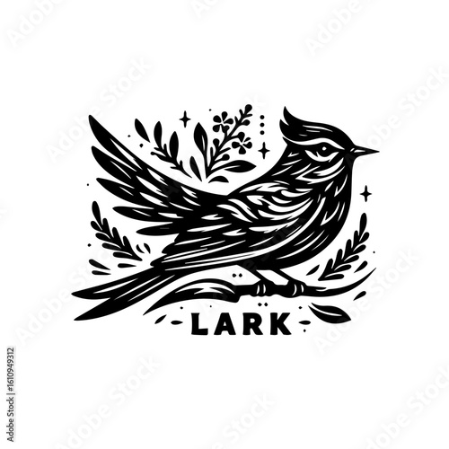 A stylized illustration of a lark perched on a branch