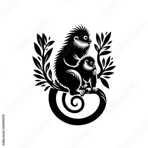 A stylized illustration of two monkeys perched on a swirling branch