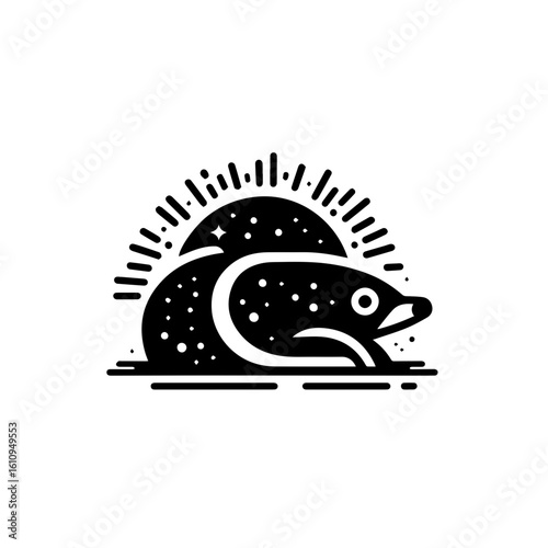 A stylized mole emerging with sun rays