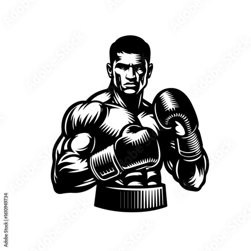 A muscular boxer in fighting stance, isolated on white background
