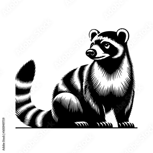 A curious raccoon with a striped tail, isolated on white background