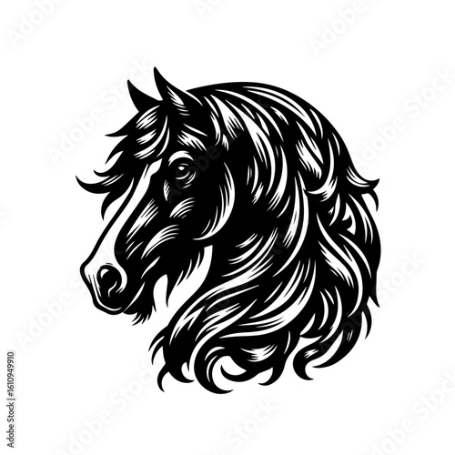 Stylized horse head with flowing mane isolated on white background