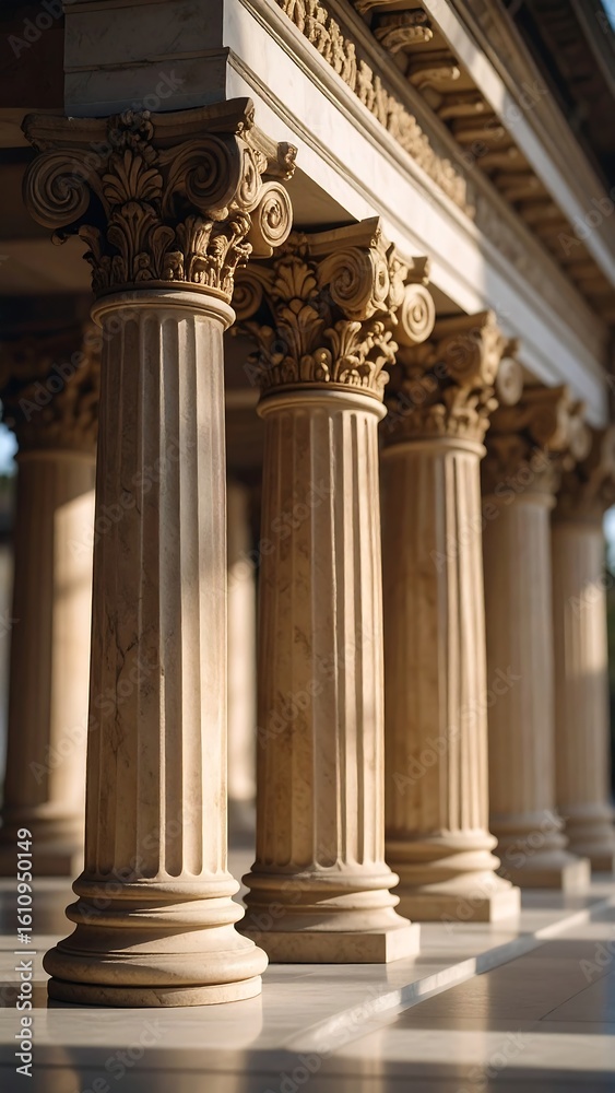 Fototapeta premium Sunlit classical columns, detailed capitals, and bases