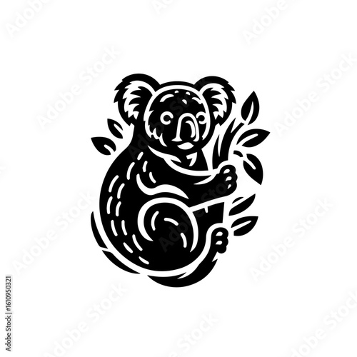 A koala clinging to a eucalyptus branch in a stylized drawing