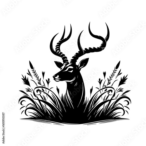 Majestic deer with large antlers in tall grass