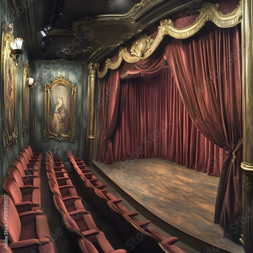 Ornate theater interior with red velvet curtains and plush seati