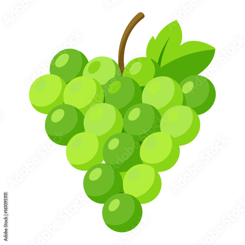 Bunch of green grapes with leaves isolated on white background