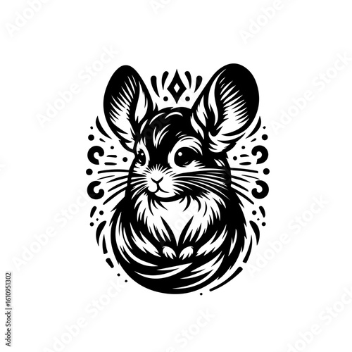 A stylized illustration of a chinchillas face with large ears