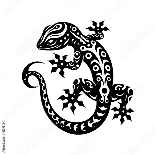 A stylized tribal gecko tattoo design isolated on white