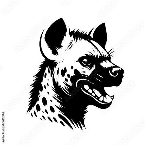 A snarling hyena head in a black and white style