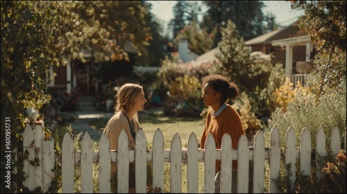 Two women talk over a white picket fence on a sunny, autumn day. It shows community, friendship, and neighborly connections.