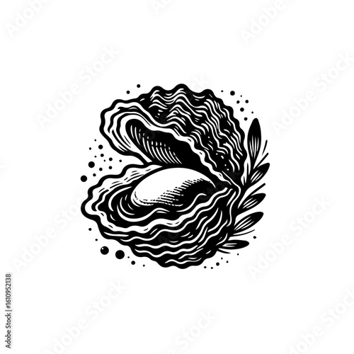 An open oyster revealing a lustrous pearl inside