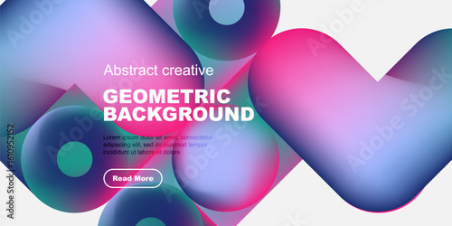 Vibrant abstract shapes overlap dark background. Text promotes geometric design, includes read more button. Modern, fluid aesthetic.