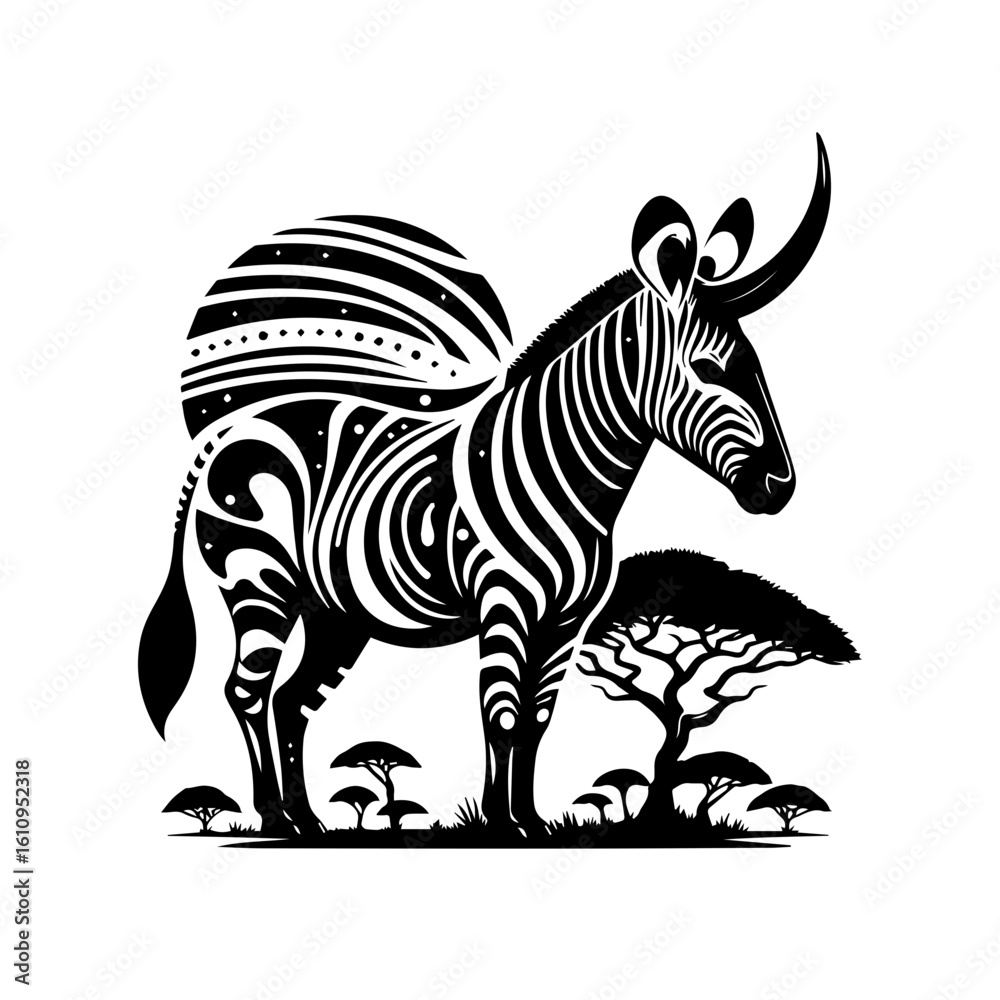 Fototapeta premium A mythical zebra unicorn stands in an african savanna