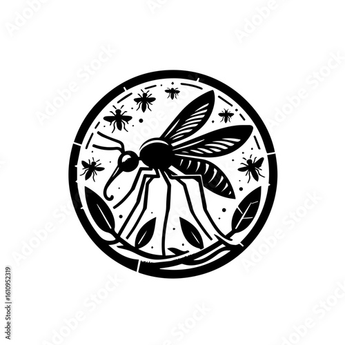 A stylized black and white illustration of a mosquito