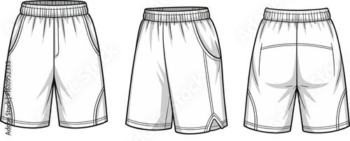 Cad drawing flat vector illustration of men's athletic sports shorts, technical fashion sketch front side back view, activewear design template for apparel industry