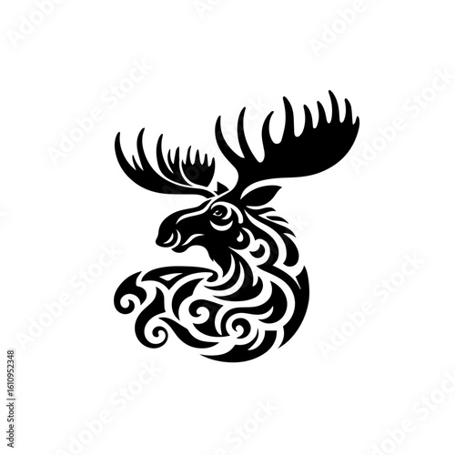A stylized moose head with ornate tribal patterns and large antlers