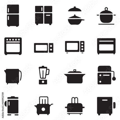 Black kitchen appliance icon set