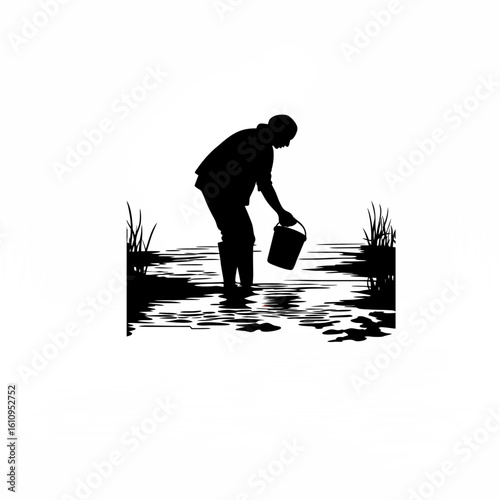 Silhouette of person collecting samples from swamp on white background