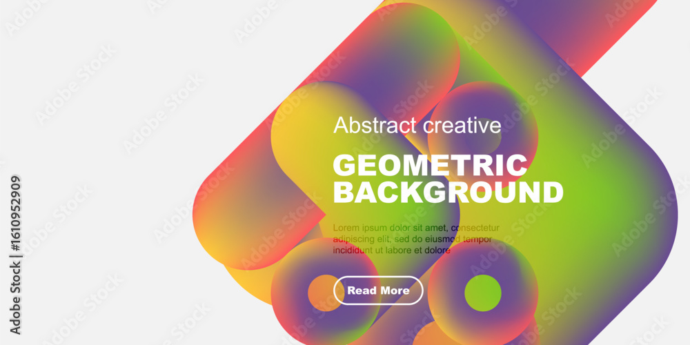 Naklejka premium Vibrant abstract shapes overlap, creating dynamic geometric background. Text promotes further exploration. Modern design elements present.