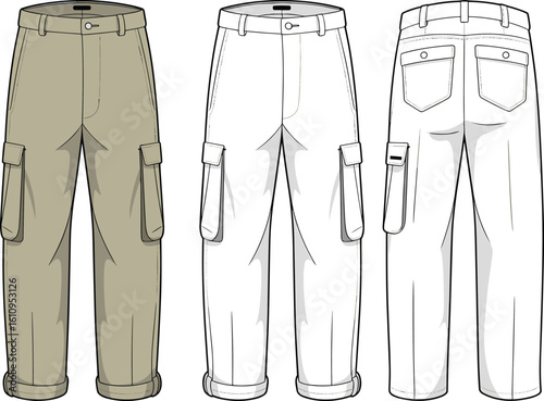 Cad drawing flat vector illustration of men's cargo trousers design, front back side view, technical fashion sketch, utility pants template with detailed pockets