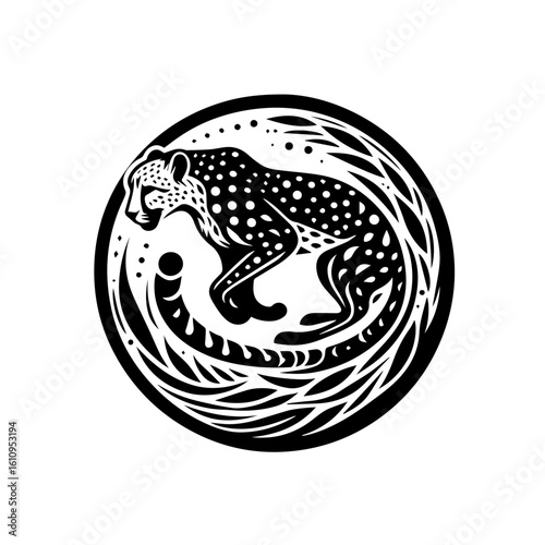 A stylized cheetah in a circular emblem, rendered in black and white