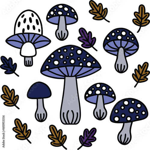 Seamless pattern of mushrooms in nature with a mix of edible and poisonous fungi