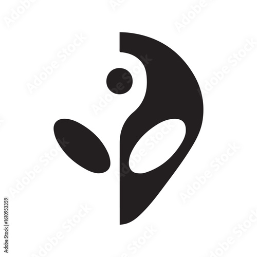 Alien Head Icon, Black and White Graphic of Extraterrestrial Face with Shadow, Classic Sci-Fi Symbol.
