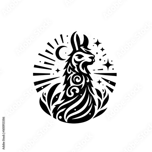 A stylized llama illustration under the night sky
