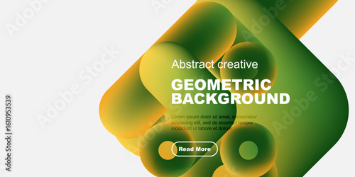 Abstract geometric background features vibrant green, yellow hues. Text overlay includes sample content, read more button. Modern design.