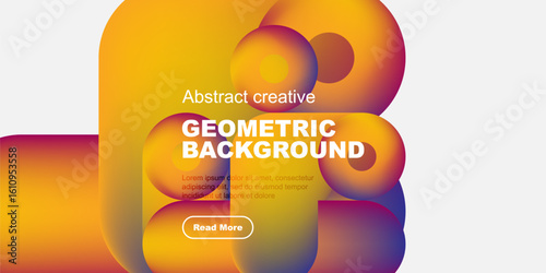 Vibrant geometric shapes overlap, creating dynamic colorful background. Text promotes further exploration. Modern design elements present.