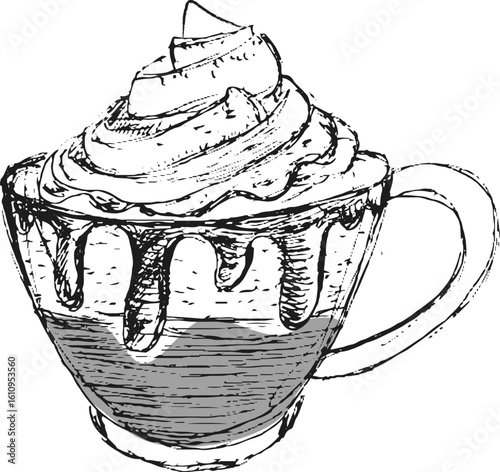 Hot chocolate drink with whipped cream in glass cup  