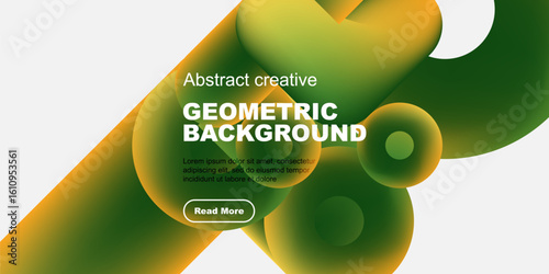 Abstract geometric background features vibrant green, yellow hues. Text overlay includes sample content, button. Modern design elements present.
