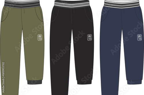 CAD drawing flat vector illustration of men's casual jogger pants in three colorways, technical garment sketch, fashion design template for sportswear and loungewear