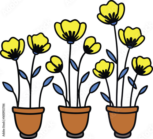 Set of yellow flowers blooming in pots with floral garden elements