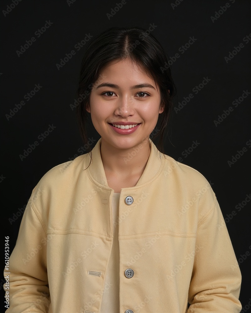 Southeast Asian girl wearing plain light yellow jacket smiling happy portrait on plain black background Southeast Asian girl wearing plain light yellow jacket smiling happy portrait on plain black background