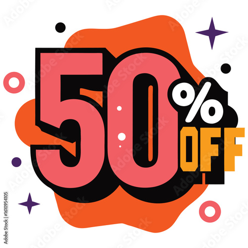 Vibrant and eye catching graphic design featuring a large bold fifty percent off sale announcement with decorative elements and splashes of color
