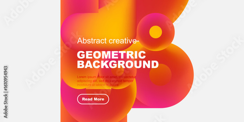 Abstract geometric background features vibrant orange, pink hues. Text reads Geometric Background, includes sample text, button. Modern design.