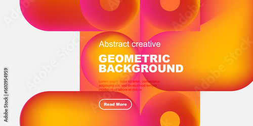 Vibrant overlapping shapes create dynamic composition. Orange, pink hues dominate design, text present. Modern aesthetic.