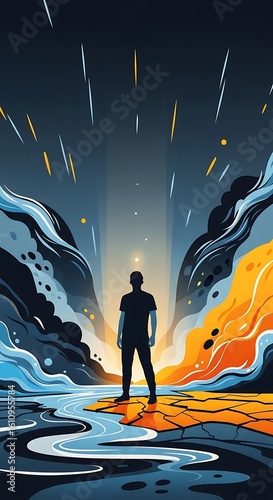 A lone figure stands between opposing forces of water and fire, gazing towards a bright light in the sky.