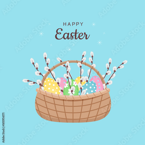 Easter bright background. Brown wicker basket with painted Easter eggs and pussy willow branches on light blue background. Text happy easter. Vector illustration. Banner for sale and discount.