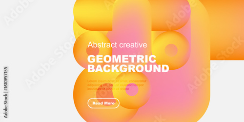 Abstract geometric shapes, vibrant orange hues, modern design. Text overlay includes geometric background, plus sample text, button.