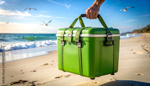 Green cooler carried on a sandy beach near ocean waves