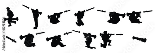 set of vector illustrations of soldiers holding anti tank 